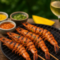 Gambas barbecue grillées avec marinades exotiques et vins du monde