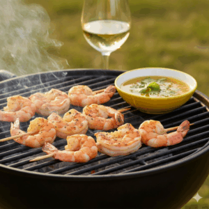 Gambas au barbecue marinées, parfaitement grillées, avec des accords vins du monde