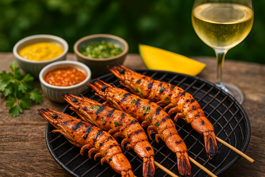 Gambas barbecue grillées avec marinades exotiques et vins du monde